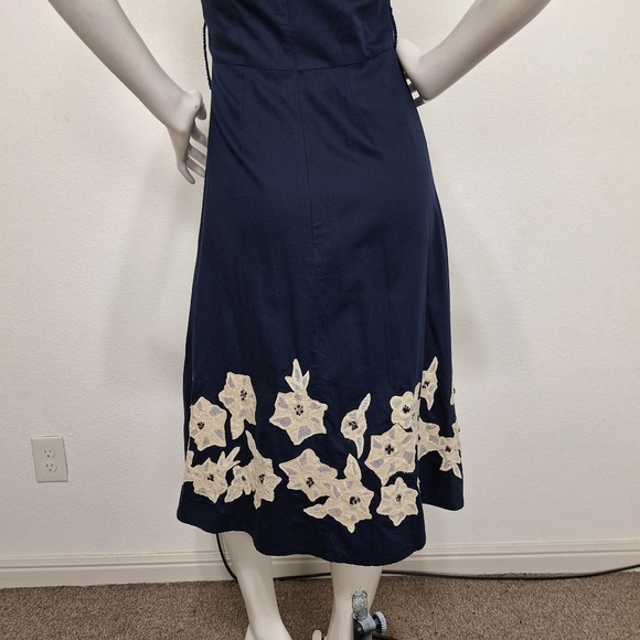 Odille Anthropologie Navy Blue Cream Rice Paper Garden Floral Midi Dress Size 2 - Picture 7 of 13